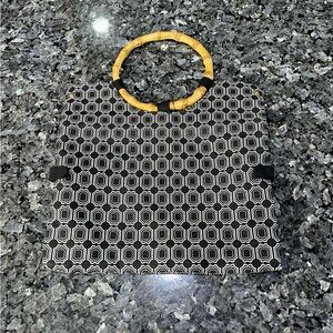 Old Navy Black and White Clutch with Geometric Pattern and Bamboo Handle